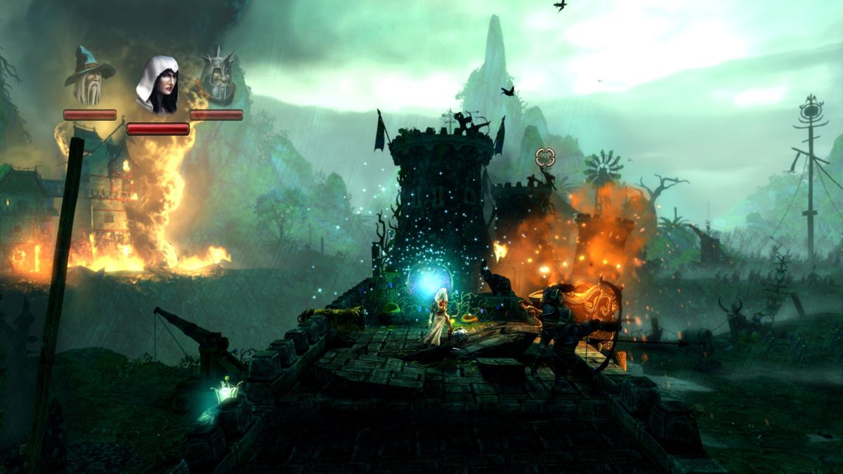 Trine 2: Goblin Menace (Windows) screenshot: Archers are defending the wall against the goblin invasion.