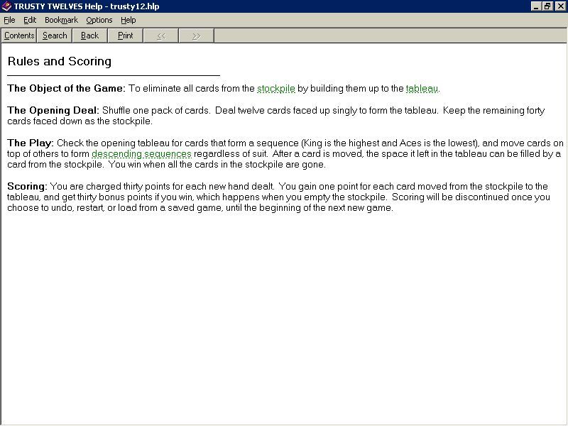 Solitaire King: Trusty Twelves (Windows 3.x) screenshot: The game has a help screen that is accessed via the menu bar. It opens in a new window