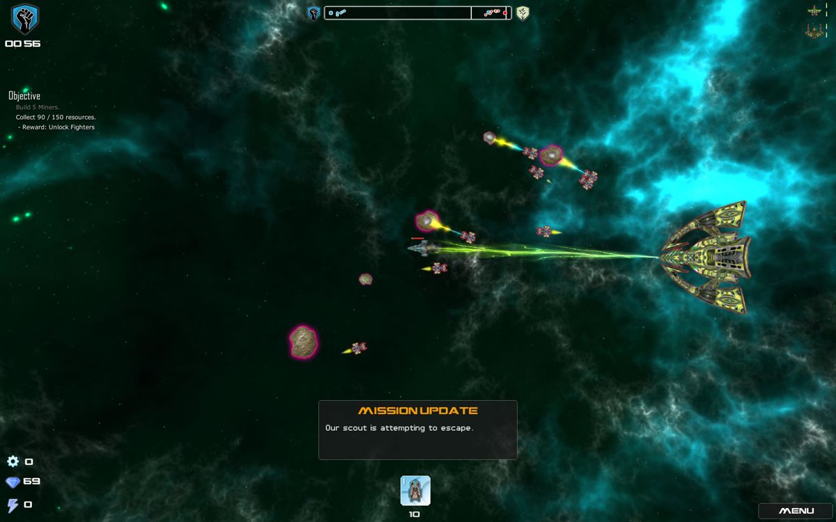 Aeon Command (Windows) screenshot: A scout attempts to flee the enemy mothership.