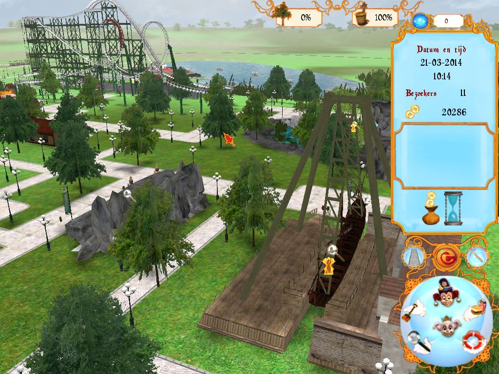 Efteling Tycoon (Windows) screenshot: Some of the more thrilling rides, with the largest rollercoaster in the back.