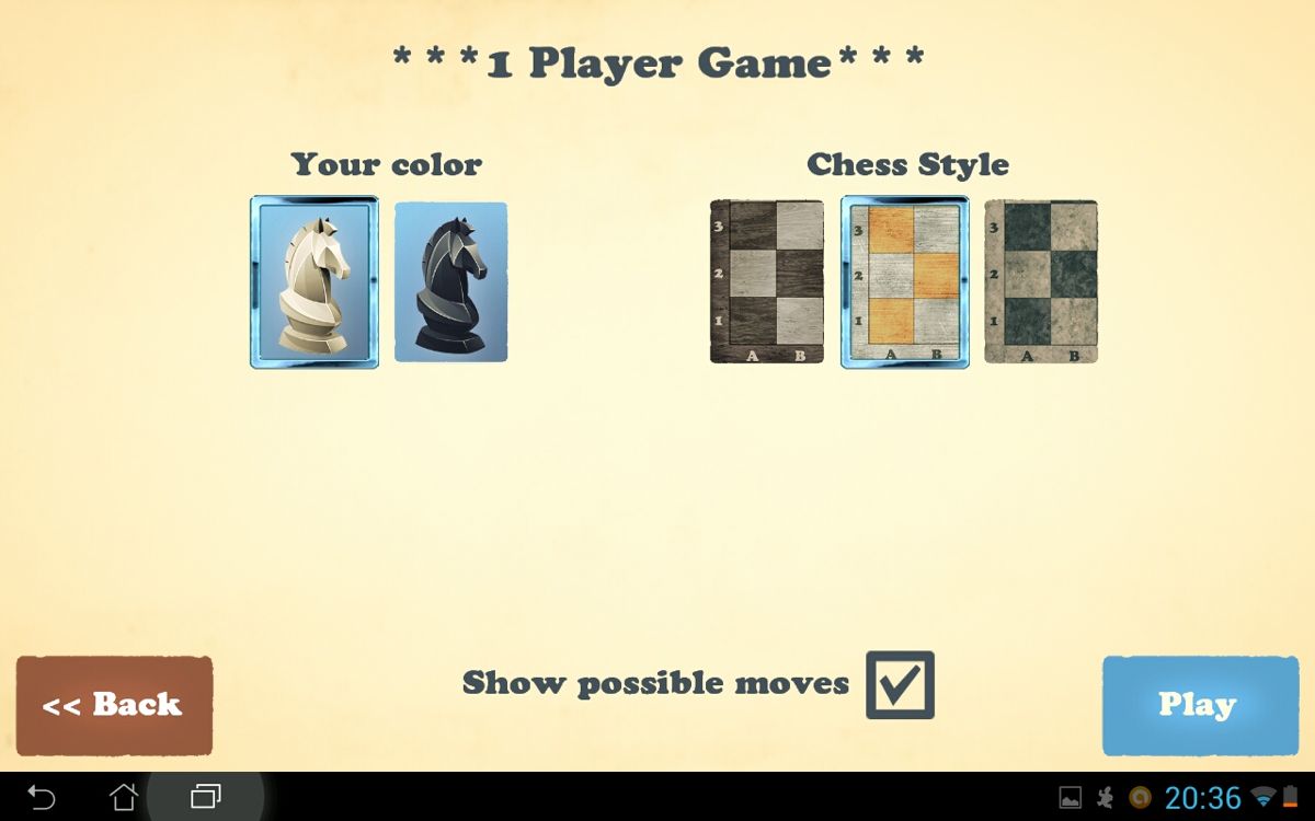 Chess Fusion (Android) screenshot: Single player game set up.