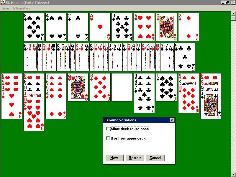 Solitaire King: St. Helena (Windows 16-bit) screenshot: This is the end of an unsuccessful game, bad choices led to the discard pile building up too much. It also shows the game configuration options accessed via the menu bar