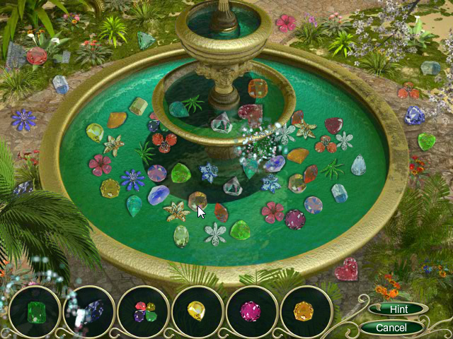 Jewel Match 3 (Browser) screenshot: Gathering crystals from the fountain