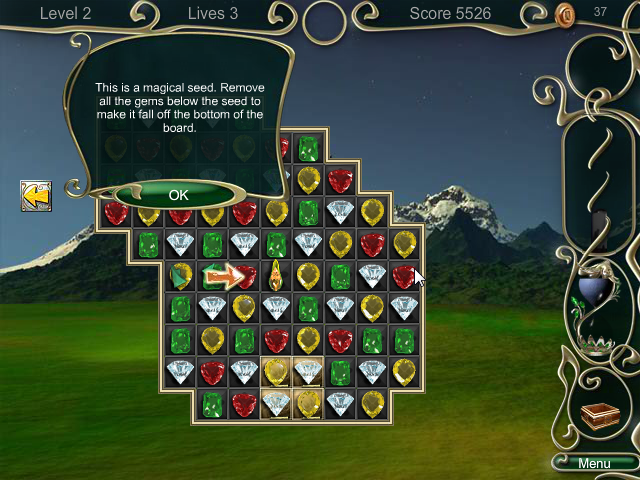 Jewel Match 3 (Browser) screenshot: You need to get the magical seed to the bottom of the board.