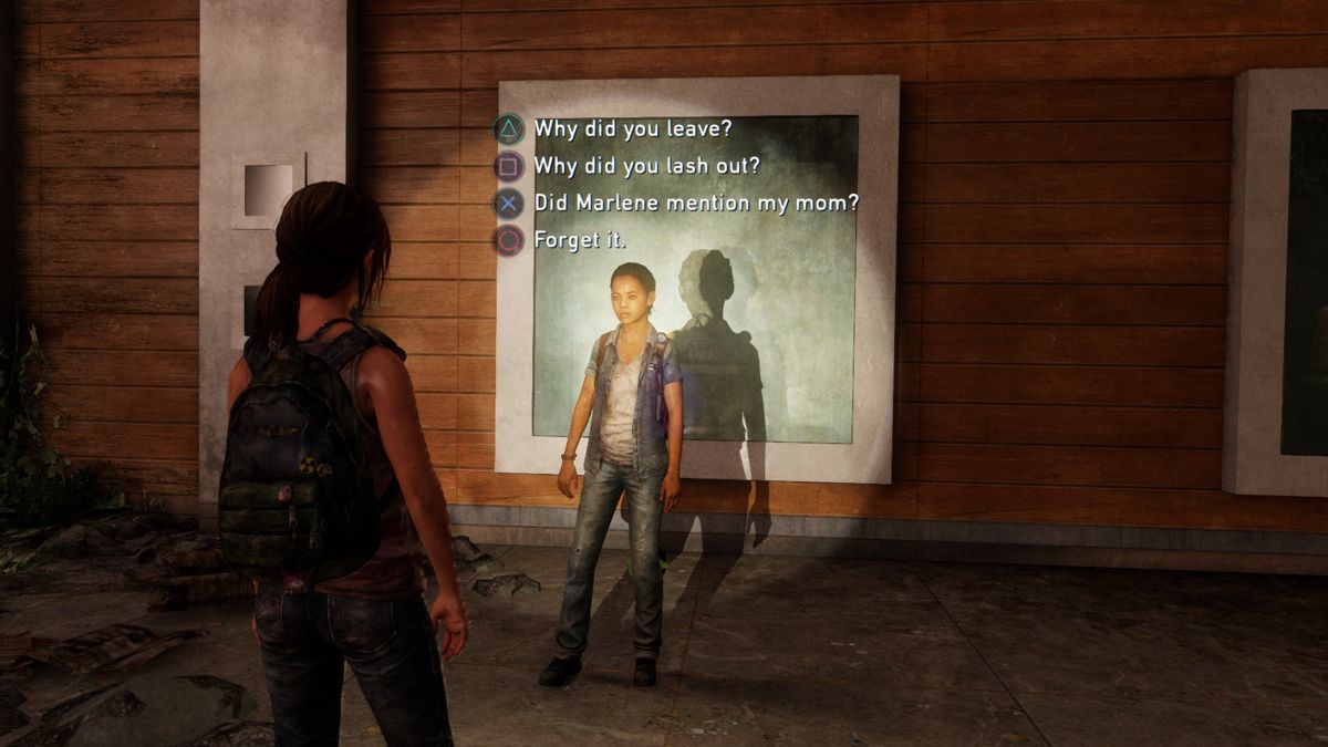 The Last of Us: Left Behind (PlayStation 4) screenshot: The deal was whoever loses the throwing brick contest must answer to other one's questions.