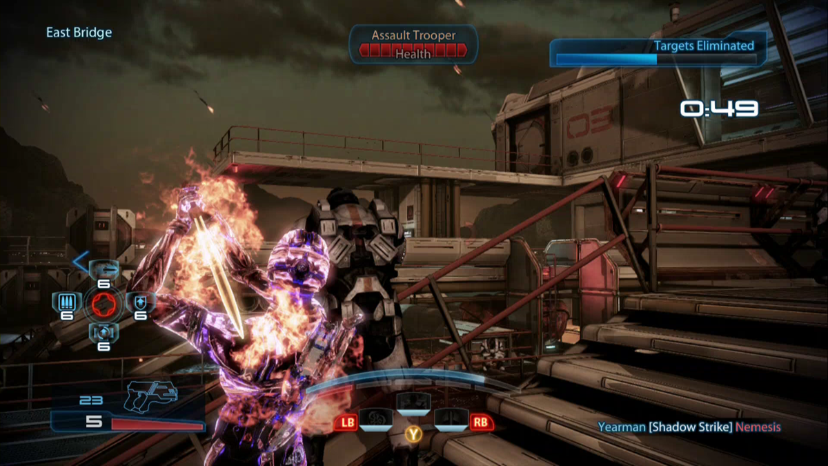 Mass Effect 3: Earth Multiplayer Expansion (Xbox 360) screenshot: Eliminating the Cerberus assault trooper with a Shadow Strike.