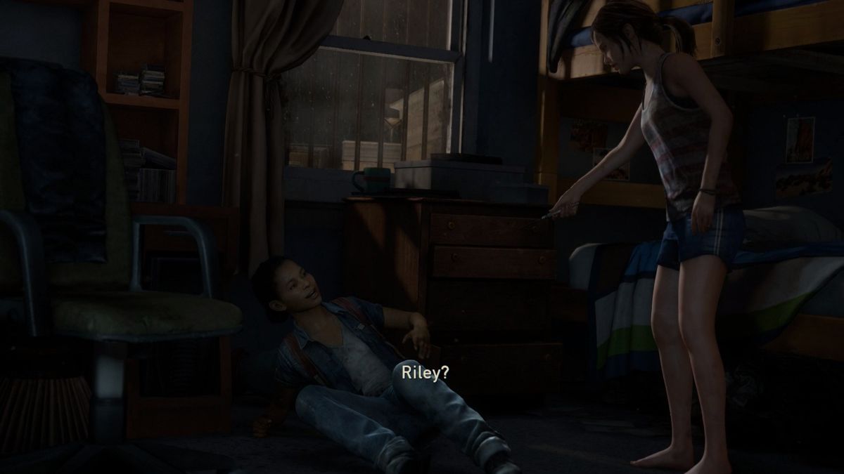 The Last of Us: Left Behind (PlayStation 4) screenshot: Riley paid a surprise visit to Ellie, while pretending to be a clicker.