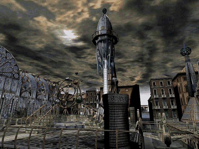 Queen: The eYe (DOS) screenshot: The game is set in a dark future.