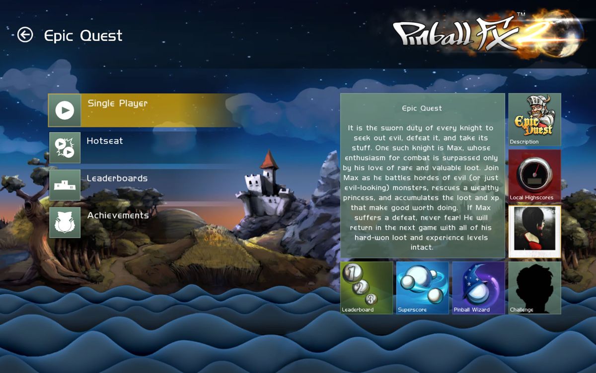 Pinball FX2: Epic Quest (Windows) screenshot: Main table screen
