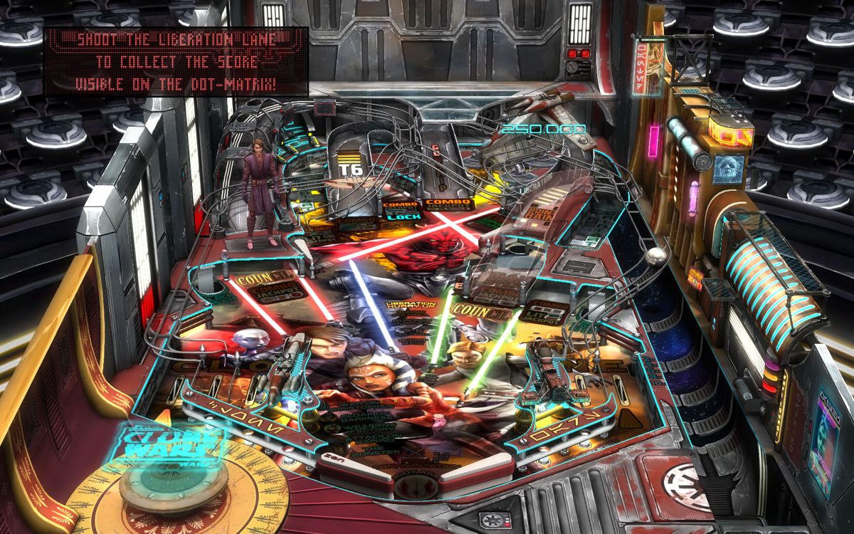 Pinball FX2: Star Wars Pinball (Windows) screenshot: <i>Star Wars - The Clone Wars</i> - The ball comes down over the right rail.