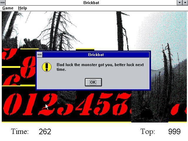 Brickbat (Windows 3.x) screenshot: Game Over! Squashed by a brick