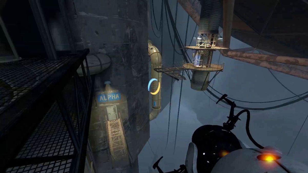 Portal 2 (Macintosh) screenshot: Catwalk or not I'm landing on that door.....woh woh