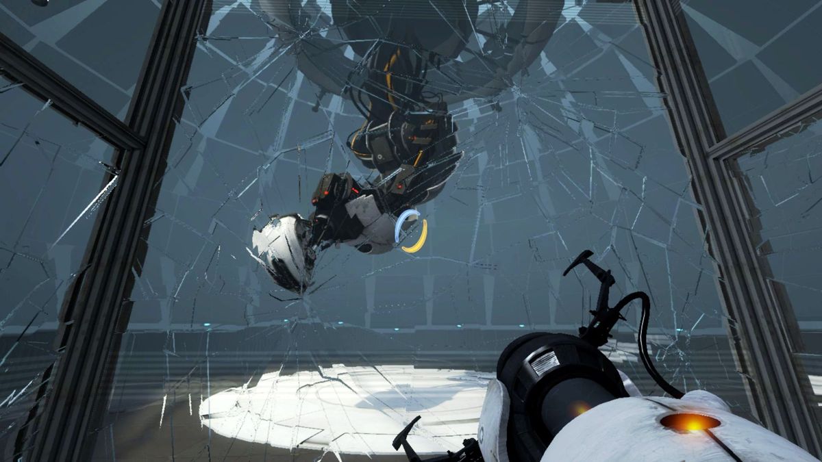 Portal 2 (Macintosh) screenshot: An GLaDOS isn't happy as my containment is breaking apart