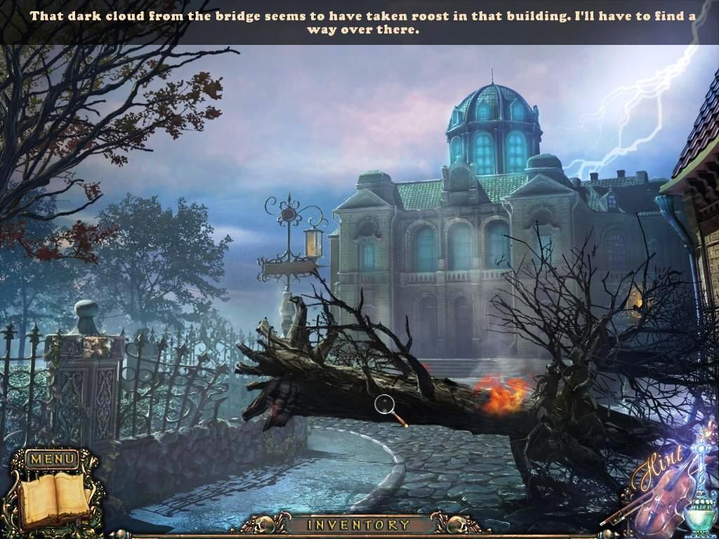 Maestro: Music of Death (Windows) screenshot: Approaching the theatre lighting strikes a tree blocking your path