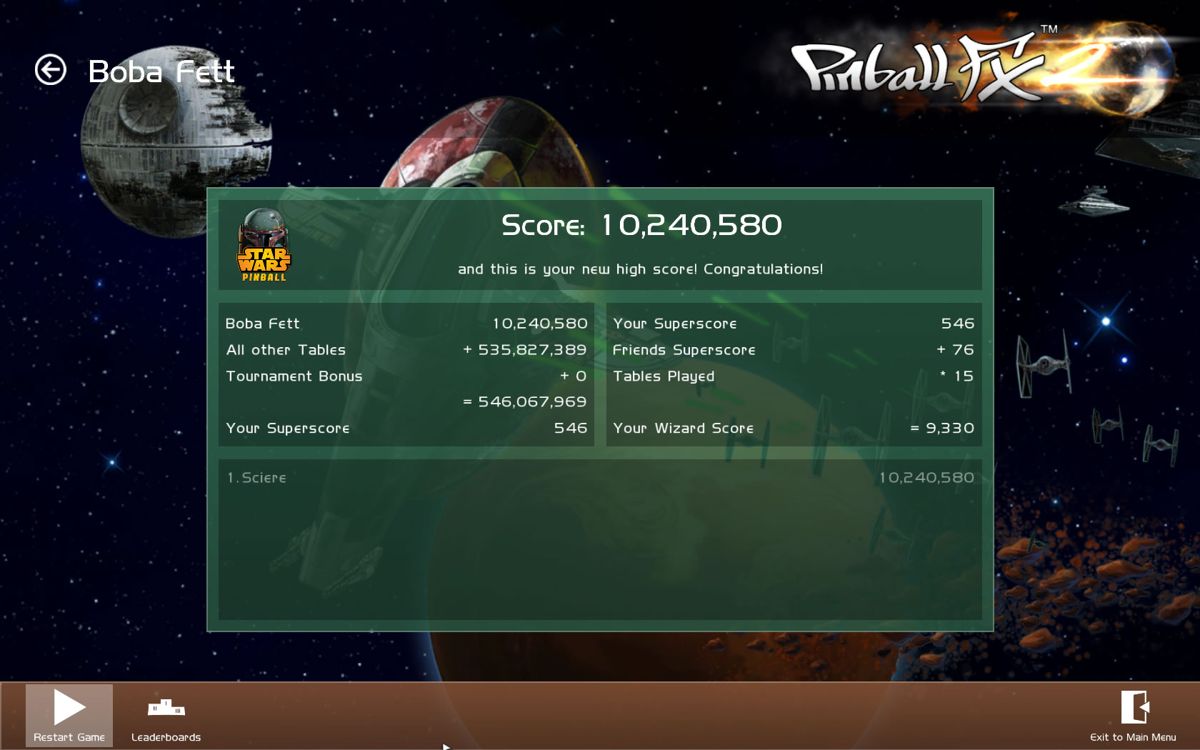 Pinball FX2: Star Wars Pinball (Windows) screenshot: <i>Star Wars - Boba Fett</i> - Score screen