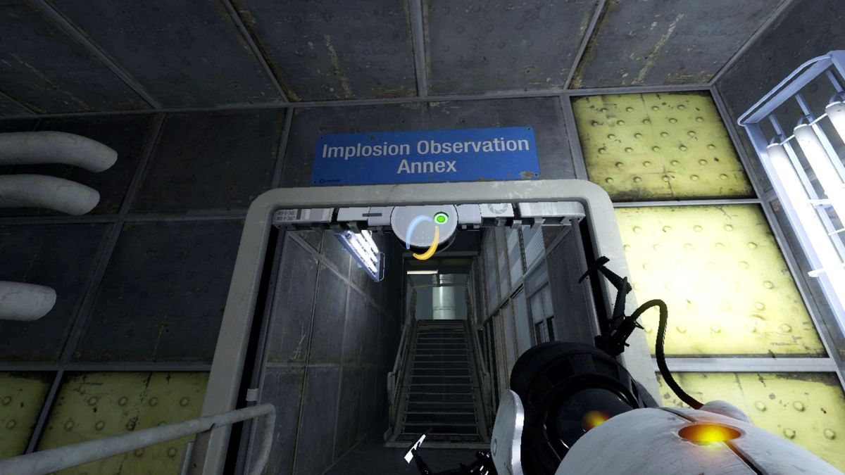 Portal 2 (Macintosh) screenshot: Remember if you see an implosion look right at it!