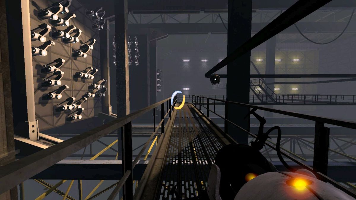 Portal 2 (Macintosh) screenshot: Little break-out of test chamber 21 with Wheatley on his rail