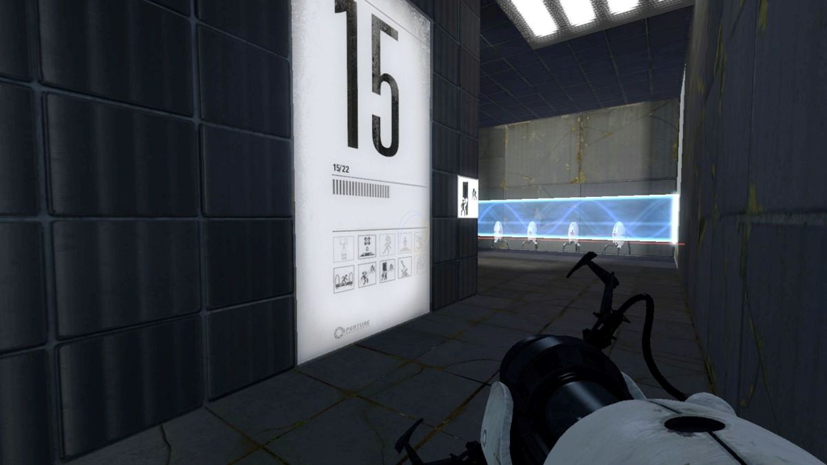 Portal 2 (Macintosh) screenshot: Test 15 Oh yeah I remember sentry bots but also includes blue walkway which has many uses