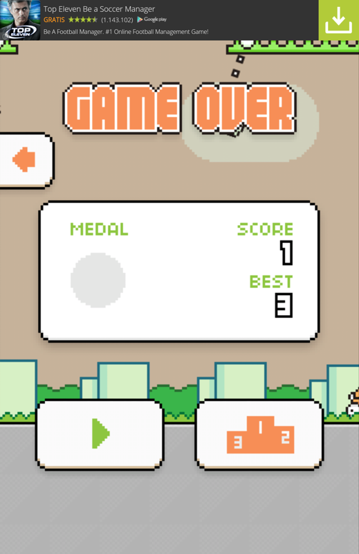 Swing Copters (Android) screenshot: Game over