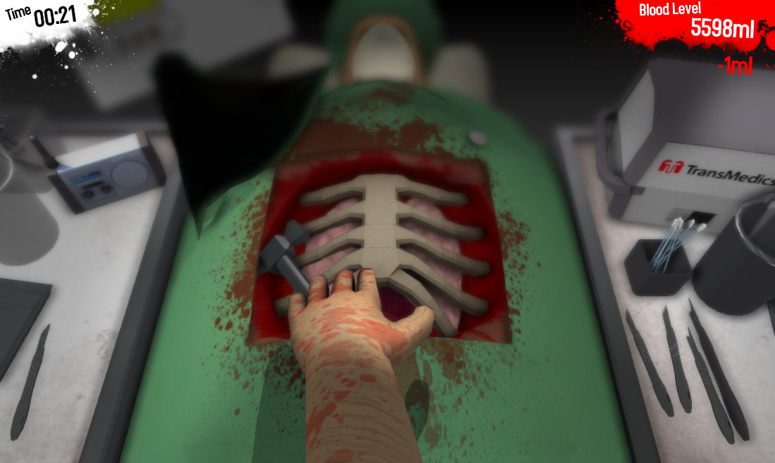 Surgeon Simulator 2013 (Browser) screenshot: Reaching for the ribs.