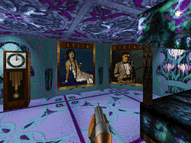 Killing Time (Windows) screenshot: ...Tess' bedroom. Lavish design, old portraits, and a clock. What are you going to do now?..
