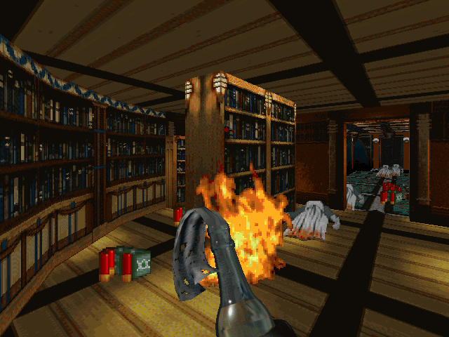 Killing Time (Windows) screenshot: I set the library on fire! Pyromania! Bibliophobia! Haa-ahahahahaaa!..