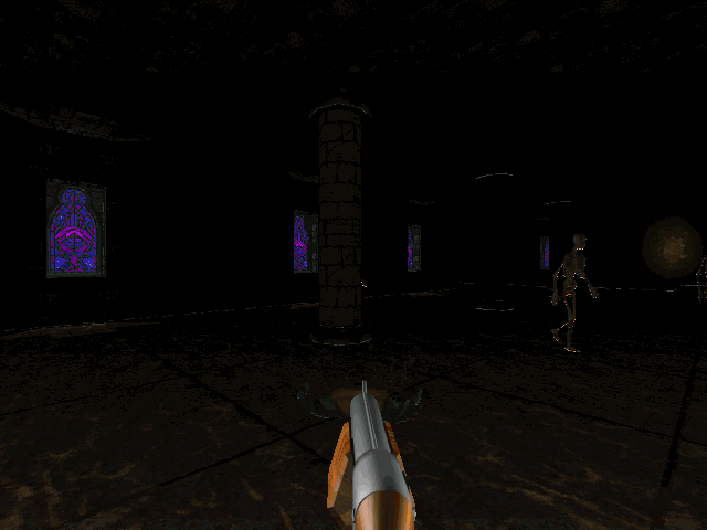 Killing Time (Windows) screenshot: The Mausoleum, one of the game's most dangerous locations. It's dark, skeletons are wandering... this can seriously affect your nervous system, you know?
