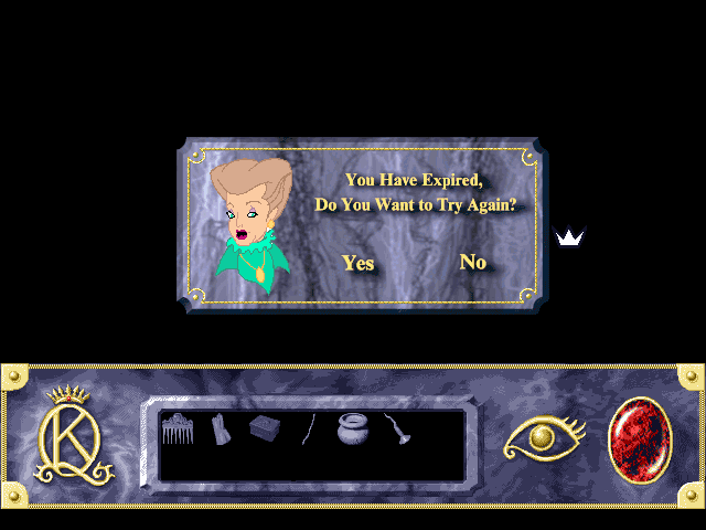 Roberta Williams' King's Quest VII: The Princeless Bride (DOS) screenshot: ...Nope, whatever I tried didn't work. All you get is a plain acknowledgment of your death. Where are those funny Sierra death messages?..