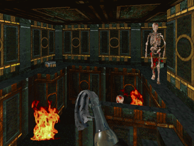 Killing Time (Windows) screenshot: 3D maze, Molotov cocktail, skeletons dripping blood. I think I'll go to Florida next year