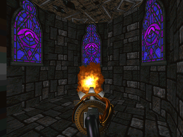 Killing Time (Windows) screenshot: The game is full of "gothic" imagery with heavy colors. The atmosphere is very thick. Here, I just use my flamethrower in an empty room. Why not?..