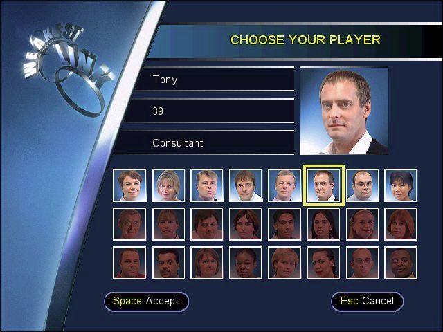 Weakest Link (Windows) screenshot: The player must select an identity to play as from those available. In this demo release that means just those on the top row