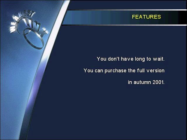 Weakest Link (Windows) screenshot: Demo version. After playing one round the game is over. It then lists its main features which include allowing up to seven players, 100000 questions, and Anne Robinson