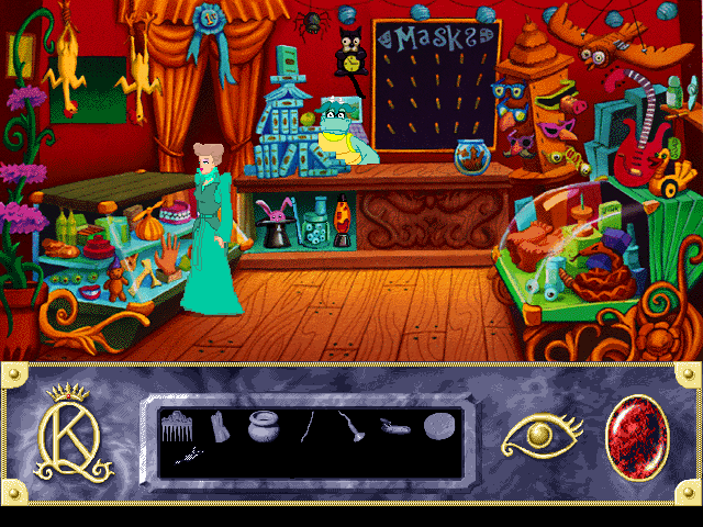 Roberta Williams' King's Quest VII: The Princeless Bride (DOS) screenshot: Another day, another shop - look how much stuff he is selling! Check out the rubber chickens on the wall