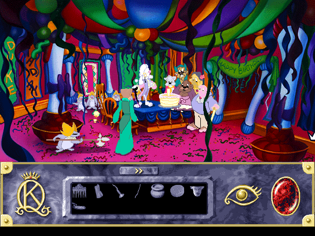 Roberta Williams' King's Quest VII: The Princeless Bride (DOS) screenshot: Banquet? Birthday party? No, the queen is accused of a crime in the town hall!