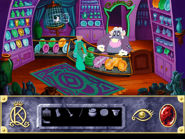 Roberta Williams' King's Quest VII: The Princeless Bride (DOS) screenshot: The interior of one of the city shops. The seller looks... bovine