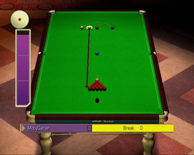 World Snooker Championship 2007 (PlayStation 2) screenshot: This is from the snooker tutorial. John Parrot gives the instructions. This screen shows the line the player must take as well as the power and spin controls