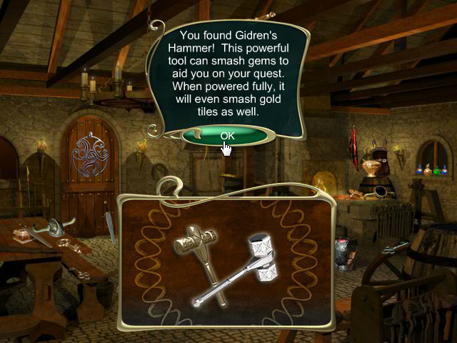 Jewel Match 3 (Browser) screenshot: You found Gidren's Hammer