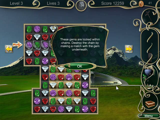 Jewel Match 3 (Browser) screenshot: Level 3 with chained gem