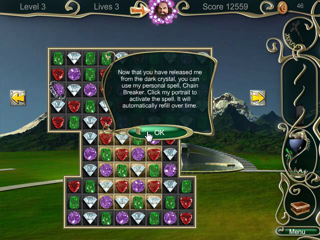 Jewel Match 3 (Browser) screenshot: Your uncle has a Chain Breaker spell he can use for you.