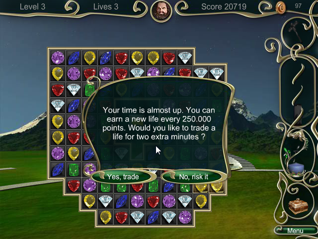 Jewel Match 3 (Browser) screenshot: You're running out of time. Give up a life for two extra minutes of time or risk it?