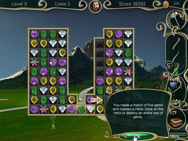 Jewel Match 3 (Browser) screenshot: A helix was created by making a match of five gems. A Helix can clear an entire horizontal row.