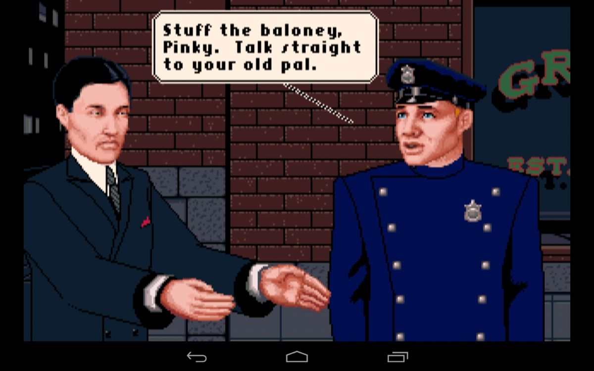 The King of Chicago (Android) screenshot: Gangster Pinky meets policeman Tom, a childhood friend
