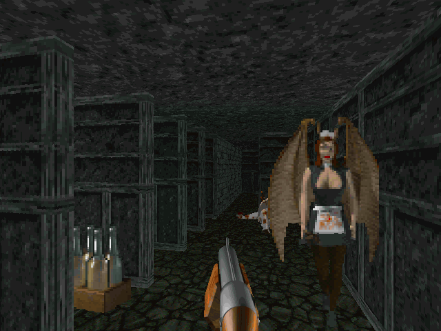 Killing Time (Windows) screenshot: Yes sir, is there anything you need, sir? Busty vampire bat maid always at your service in this basement... sir