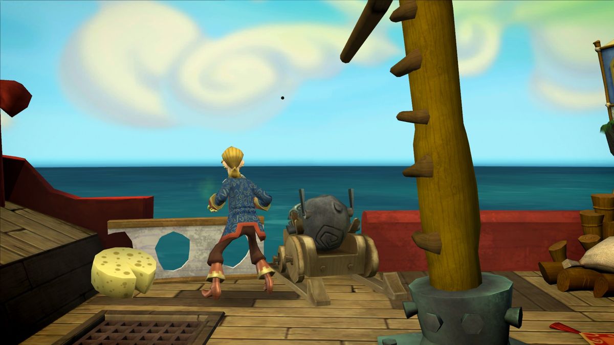 Tales of Monkey Island: Chapter 1 - Launch of the Screaming Narwhal (Windows) screenshot: Testing the ship's cannons... but with winds like these, you cannot predict where the cannonball will fall.