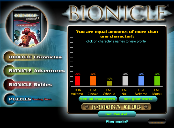 Bionicle: Which Toa Are You? (Browser) screenshot: I'm nobody! (Note the misspelling of "Toa" as "Tao").