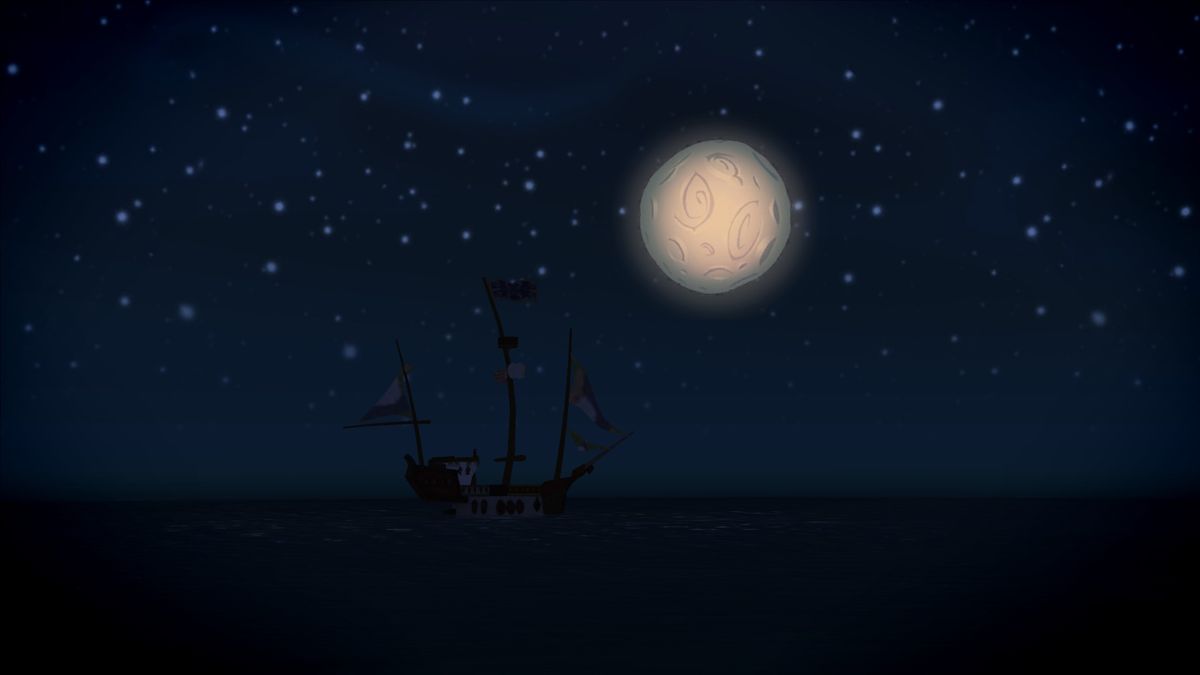 Tales of Monkey Island: Chapter 4 - The Trial and Execution of Guybrush Threepwood (Windows) screenshot: Leaving the ship outside the reach of Flotsam's pulling winds.