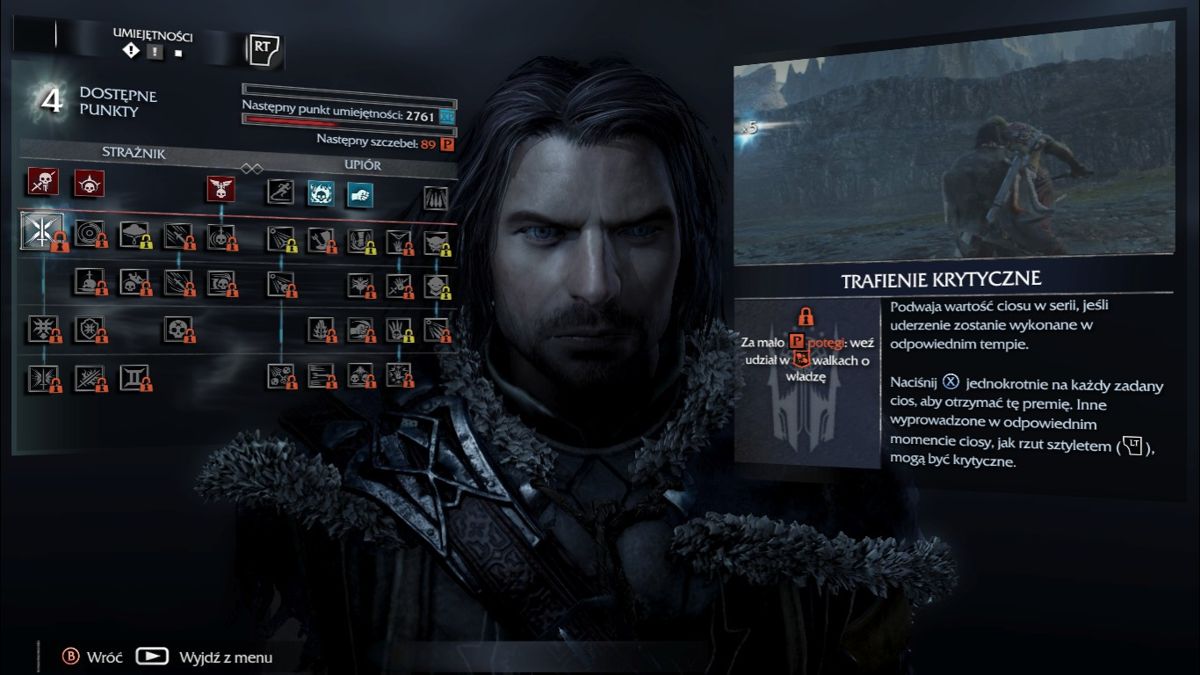 Middle-earth: Shadow of Mordor (Windows) screenshot: Skills menu (Polish version)