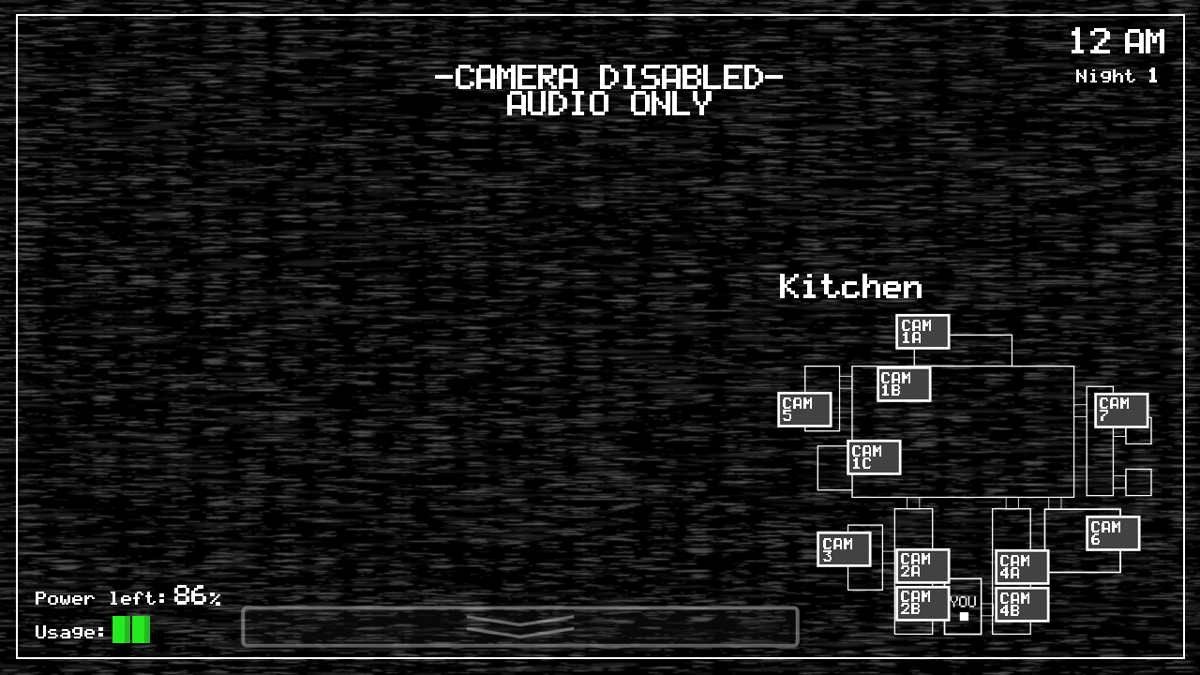 Five Nights at Freddy's (Windows) screenshot: The camera for the kitchen only has audio, no video.