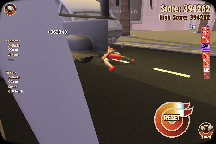 Turbo Dismount (Windows) screenshot: Stuck under a car. The glowing parts represent damage and the type of score is shown through the icons on the right.