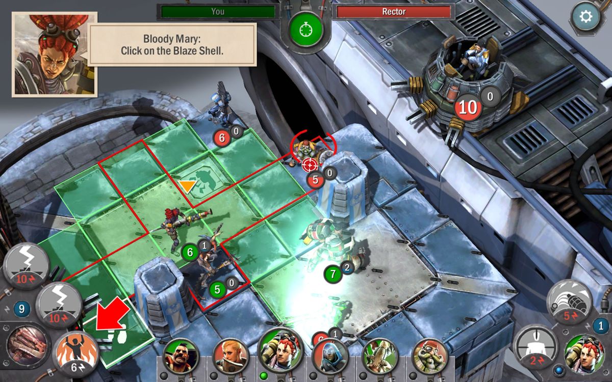 Ærena: Clash of Champions (Windows) screenshot: Bloody Mary only uses a ranged weapon. The green squares show her movement options.